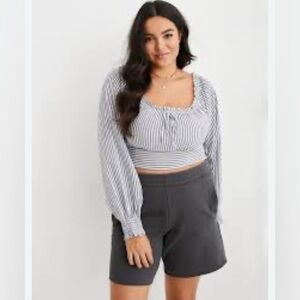 Aerie Woven Pretty Long Sleeve Top Navy and White Striped Size Large